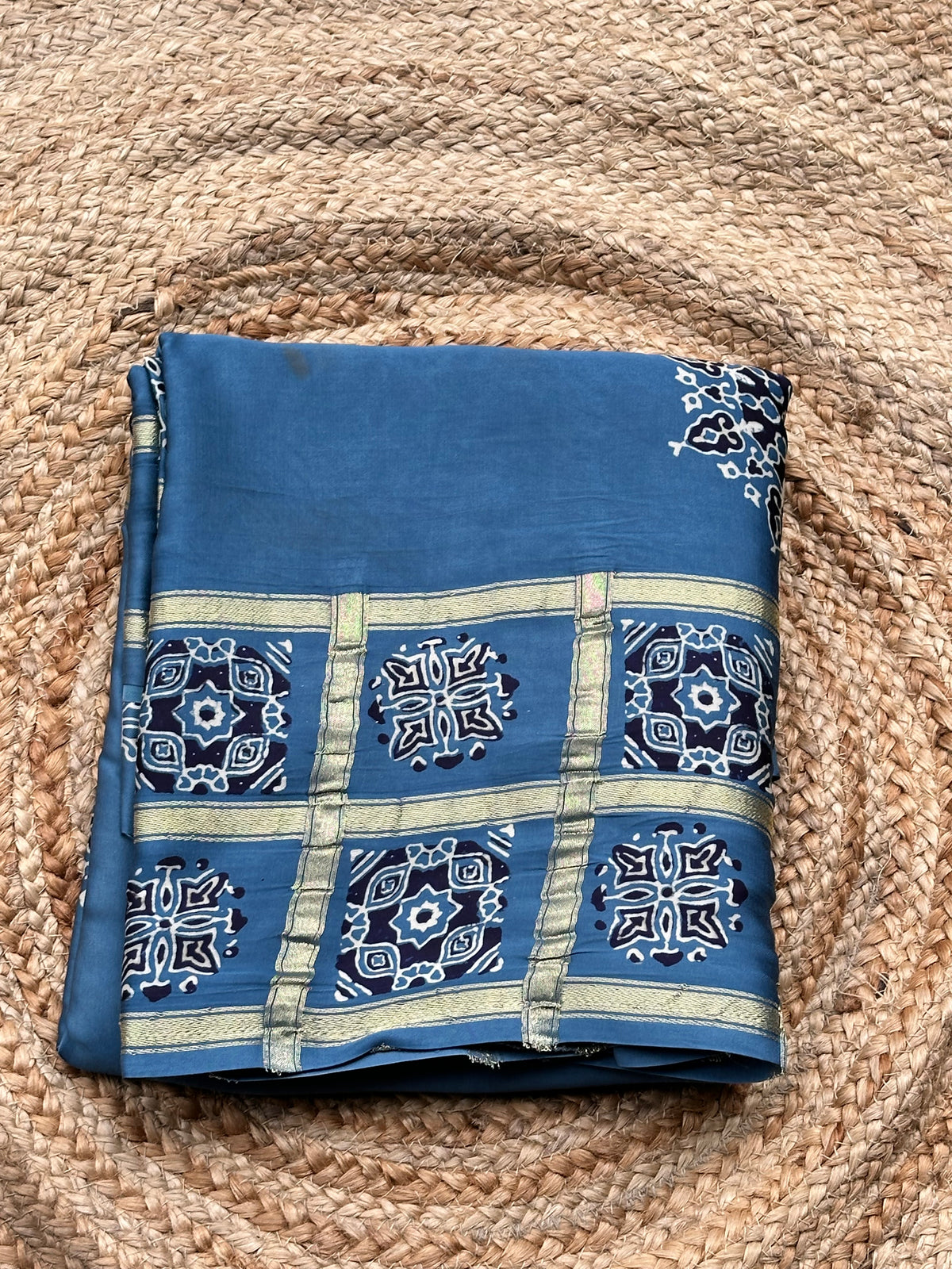 Powder blue pure Ajrak modal Sarees with Ajrak blouse