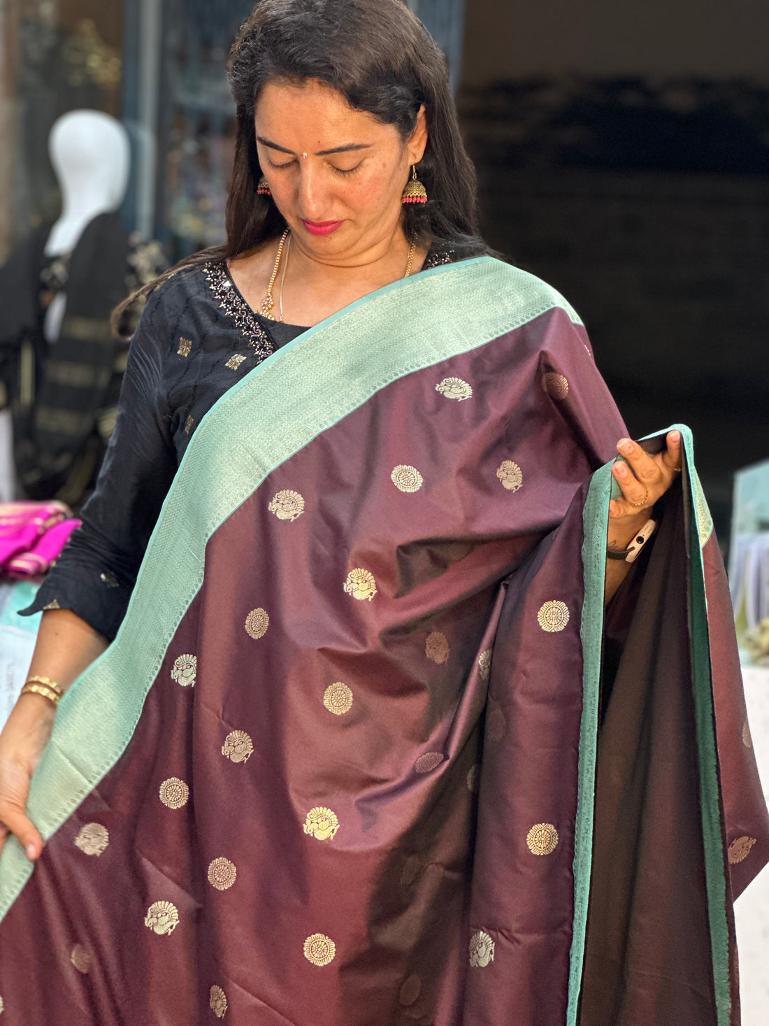 Coffee brown and Rama blue semi Kanchi