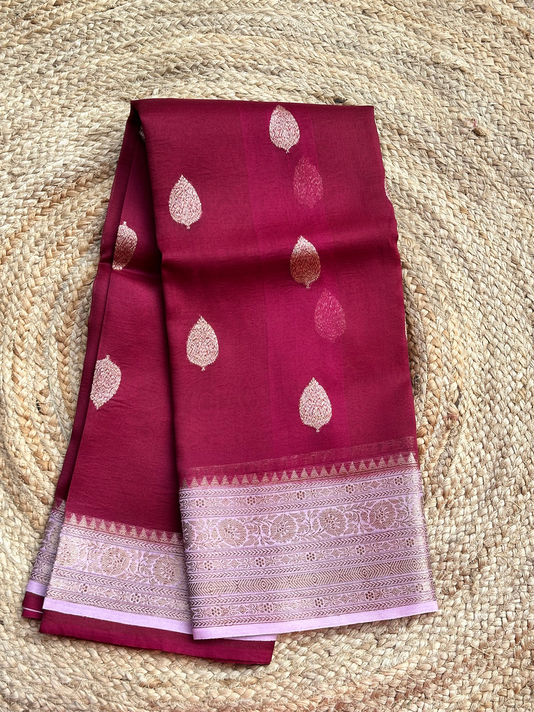 Maroon with pinkish lavender pure Kora organza silk hand woven