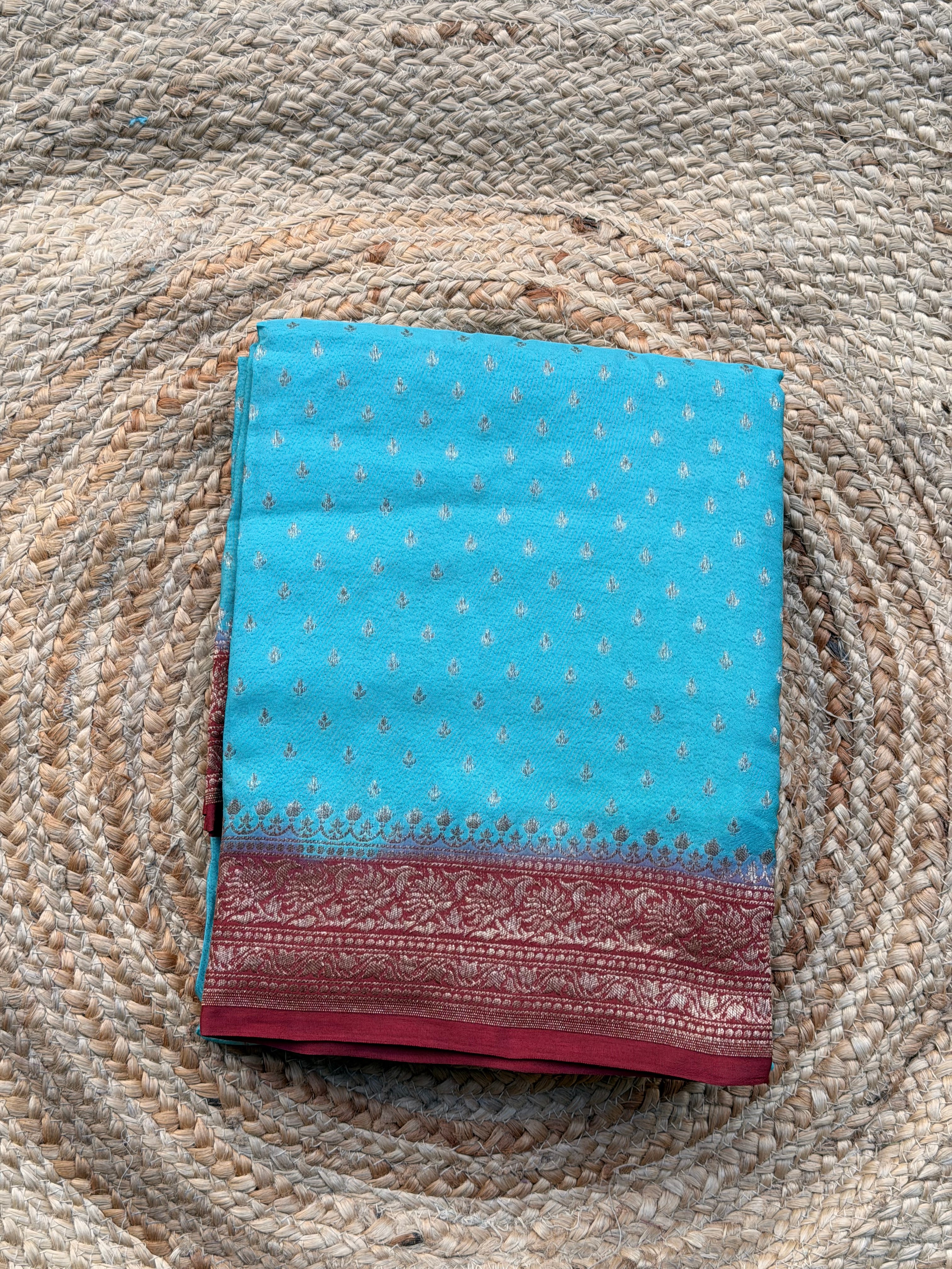 Sea blue with maroon Banaras crepe chiffon