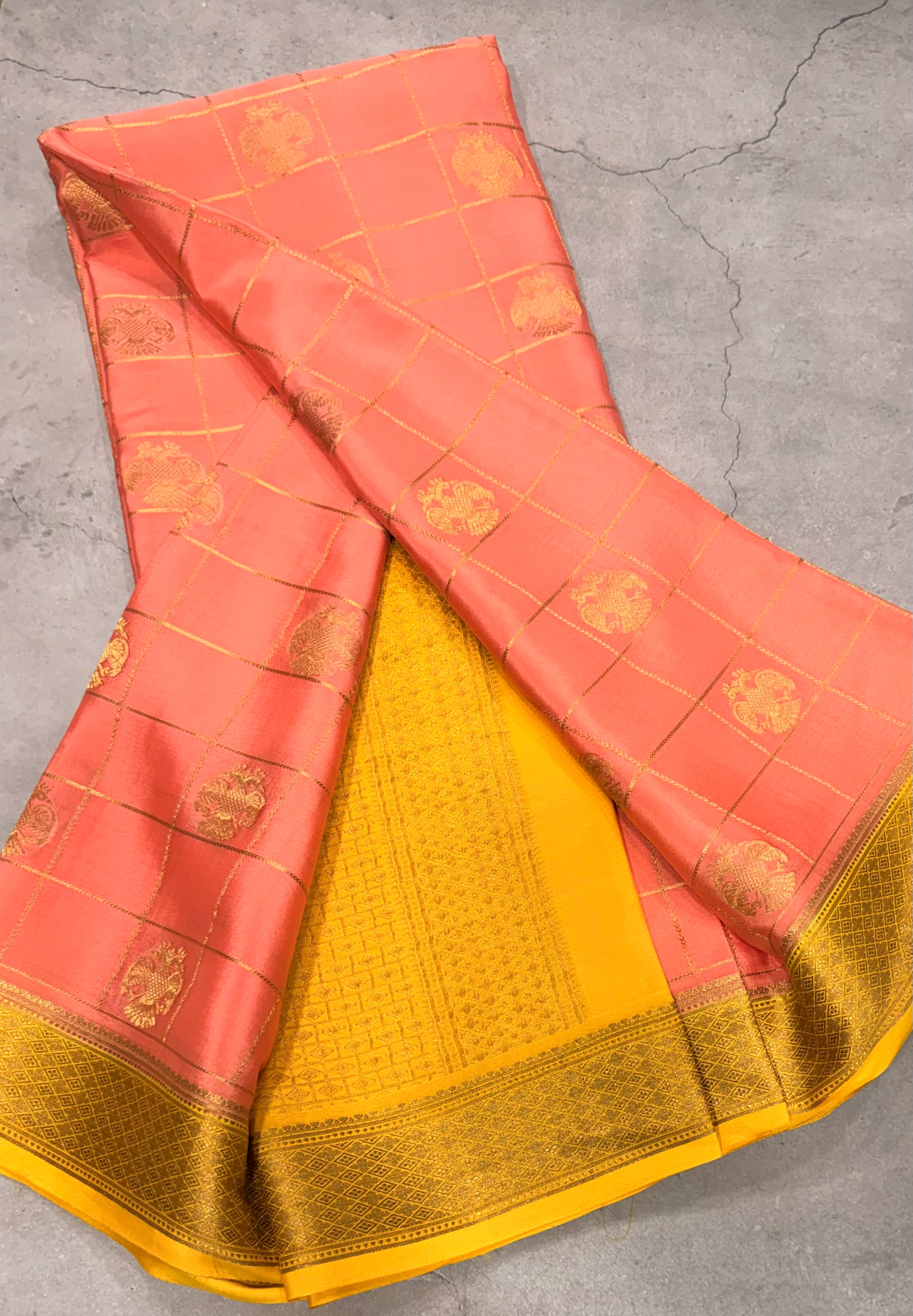 Pastel pink checks pure Mysore silk crepe saree