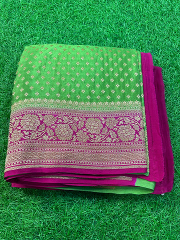 Parrot green with pink pure crepe Banaras handloom silk.