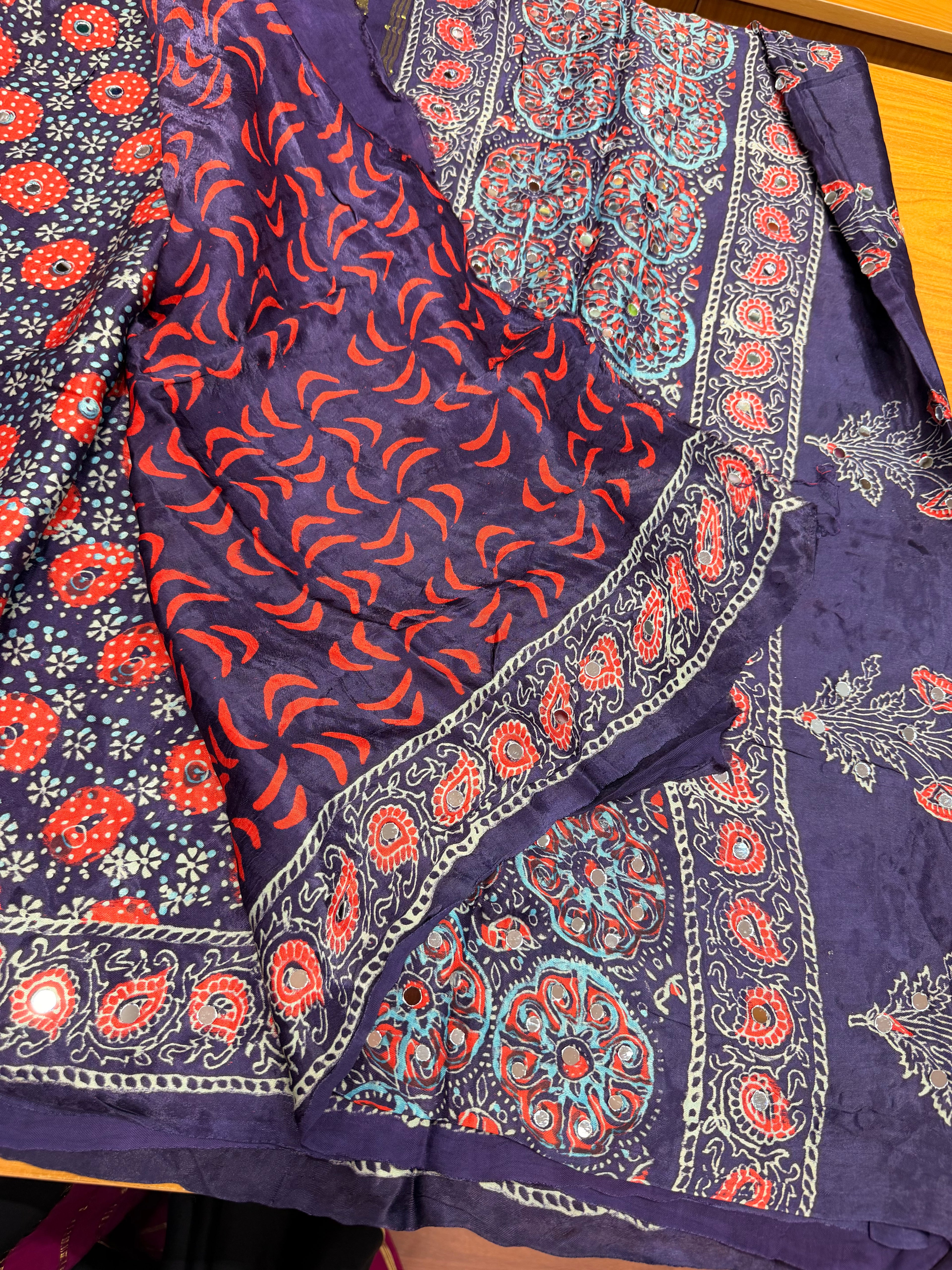Blue ajrak modal mirror work with tissue pallu