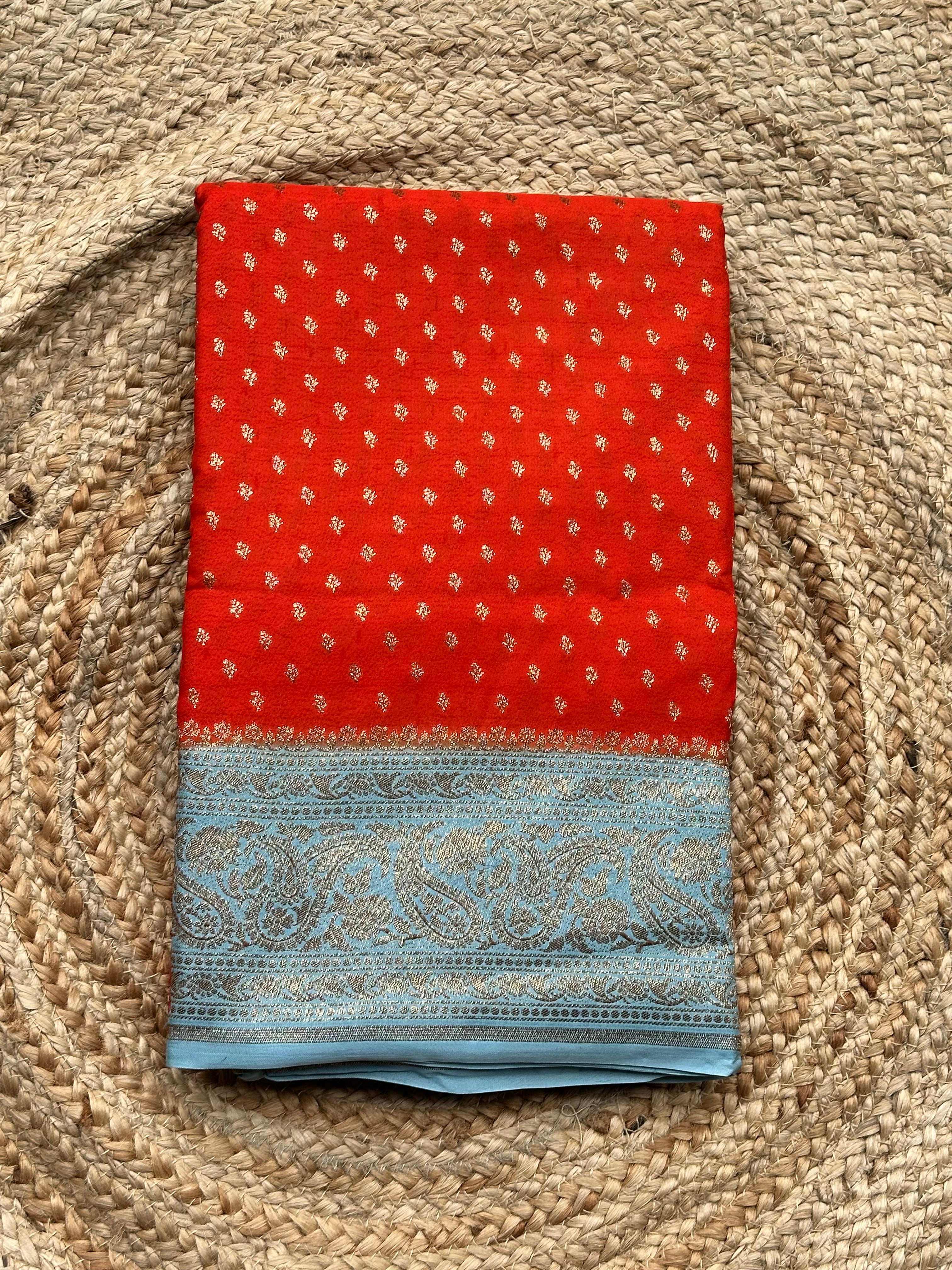 Orange with sea blue crepe chiffon Banarasi sarees