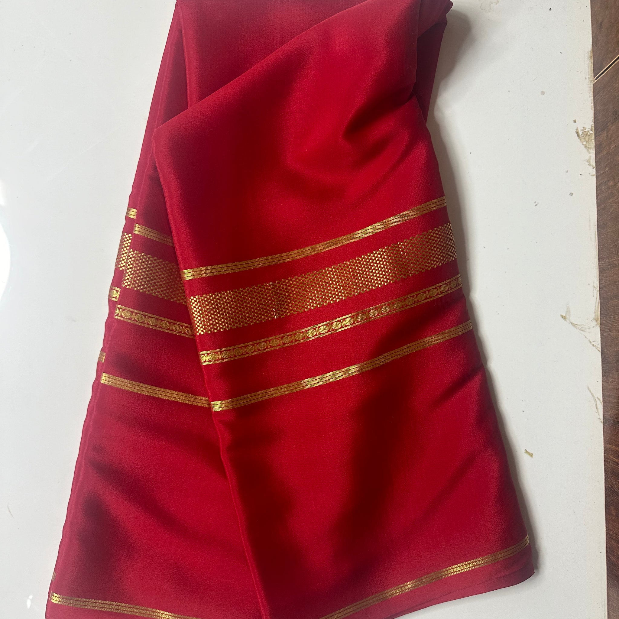 Red pure crepe Mysore Silk sarees. 100 gsm