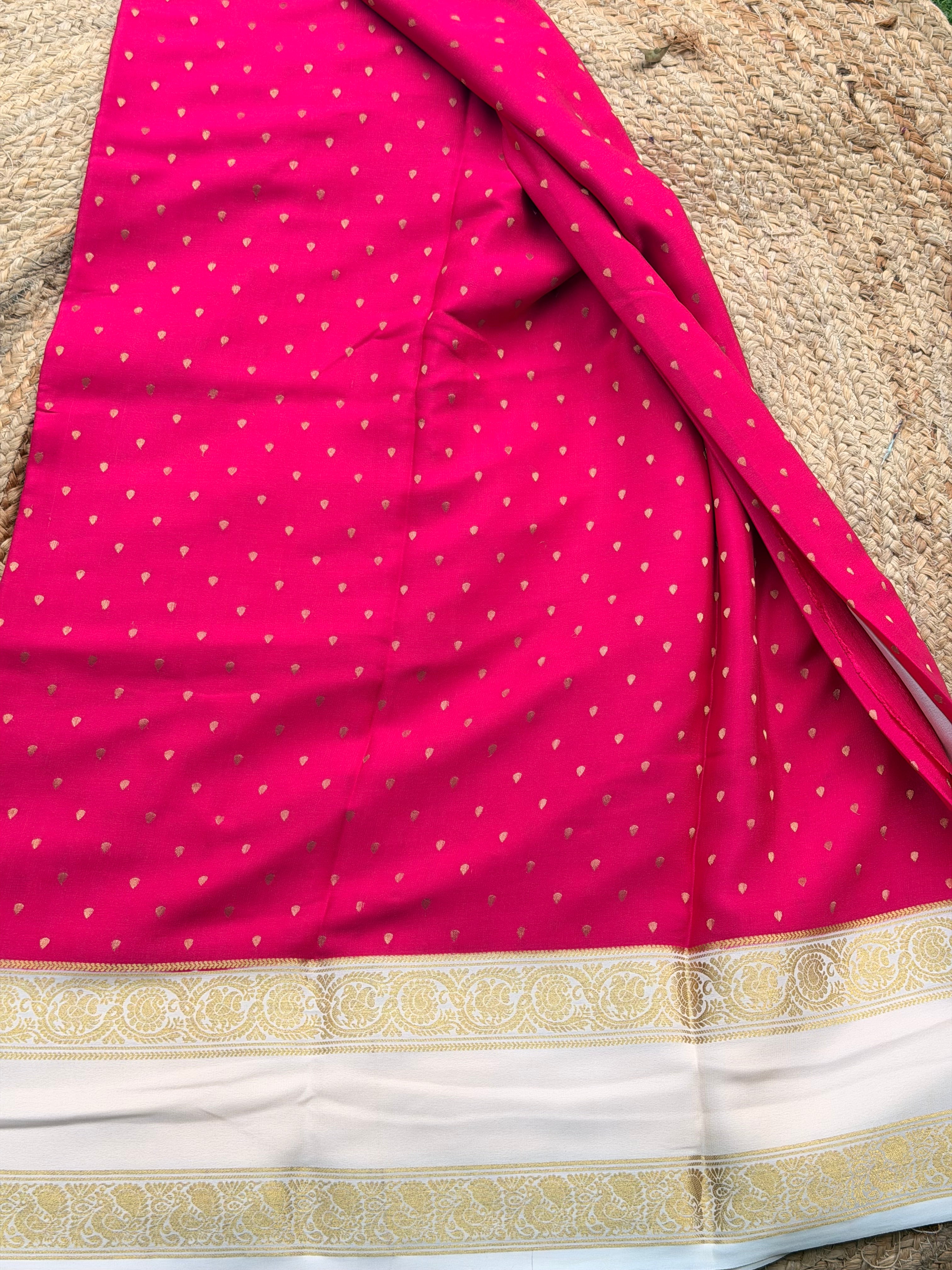 Rani pink and half white 1000 butta pure crepe Mysore silk saree 120gsm