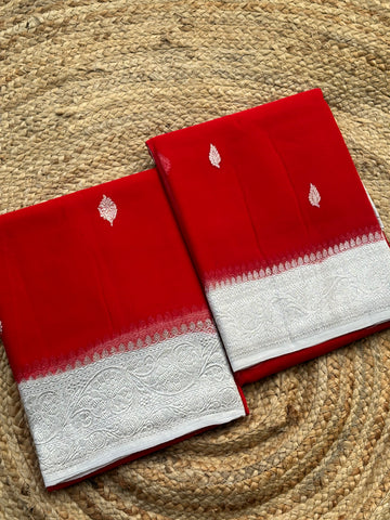 Red and silver pure khaddi chiffon silver zari woven