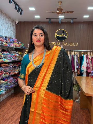 Black and orange pure crepe Mysore silk sarees 120 gsm thousand butta concept