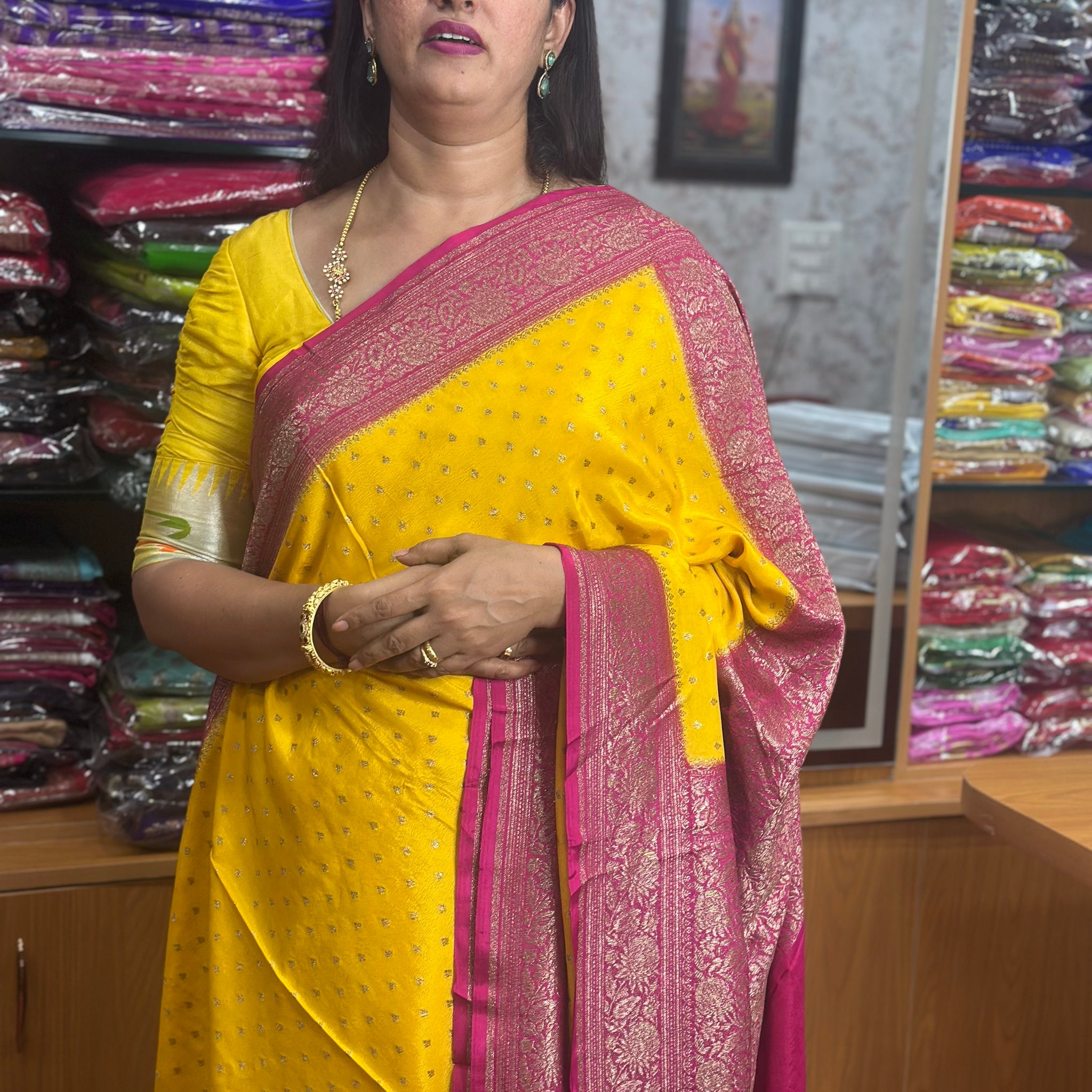 Yellow and pink crepe chiffon Banarasi sarees