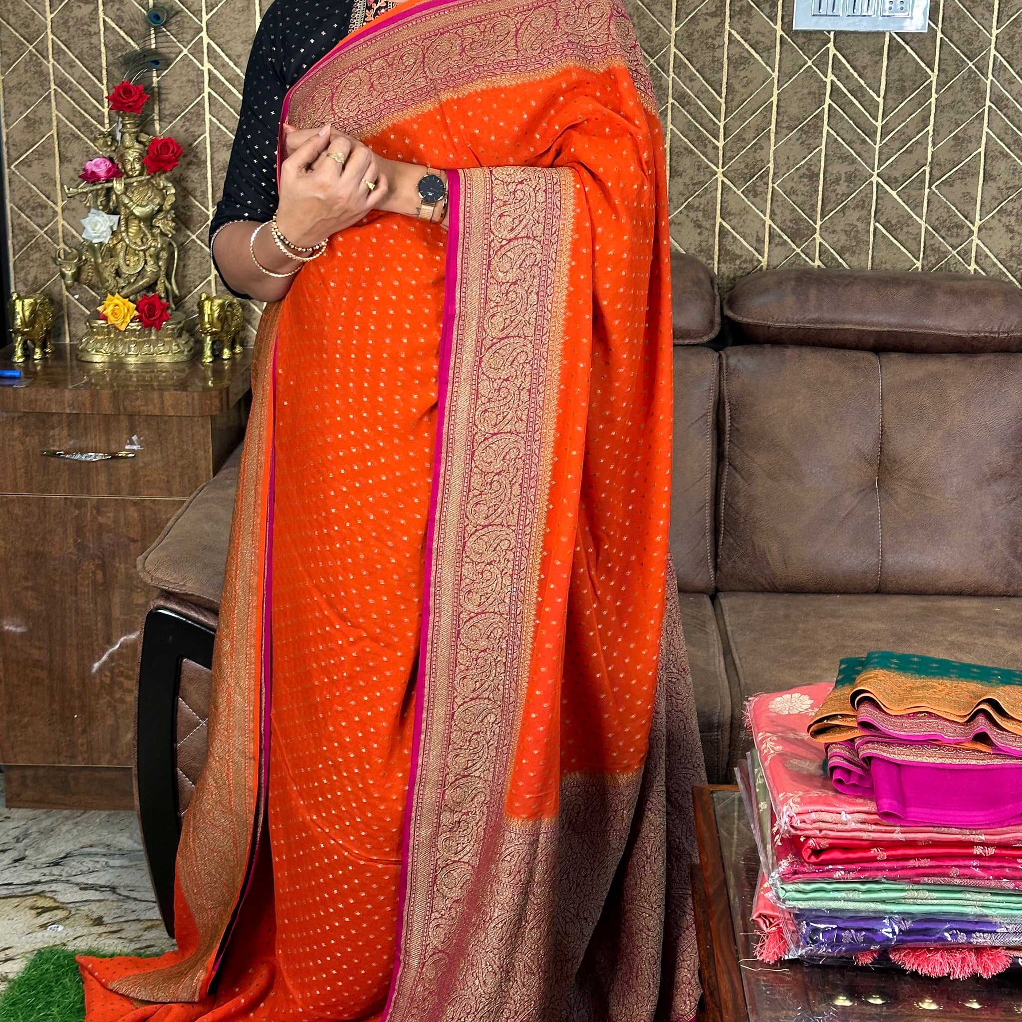 Orange and pink pure khaddi Georgette.