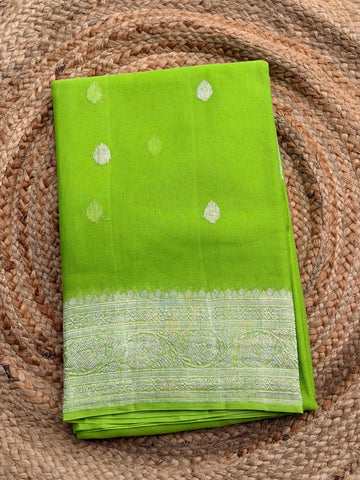 Parrot green Banarasi pure khadi chiffon saree sliver zari woven