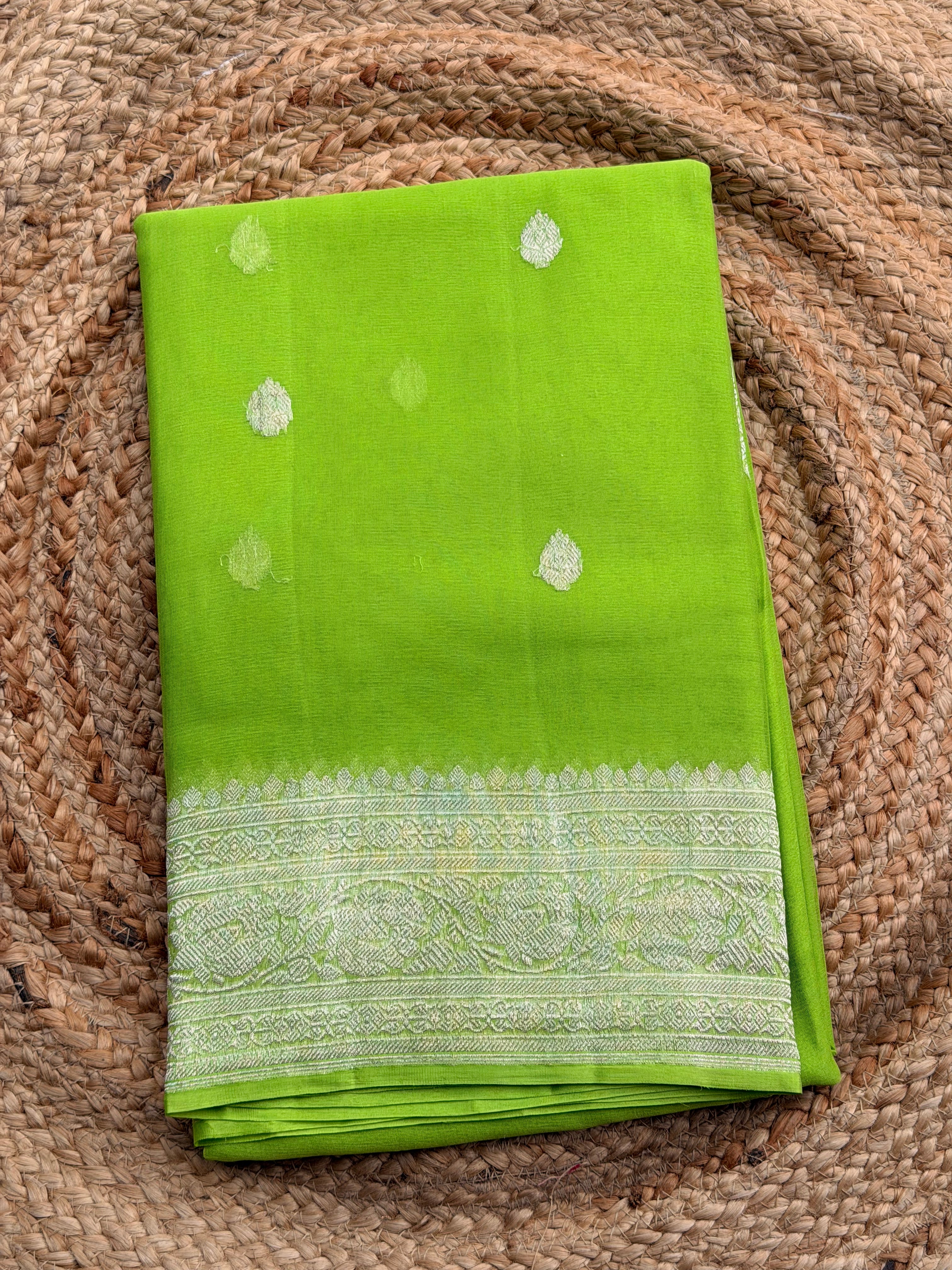 Parrot green Banarasi pure khadi chiffon saree sliver zari woven