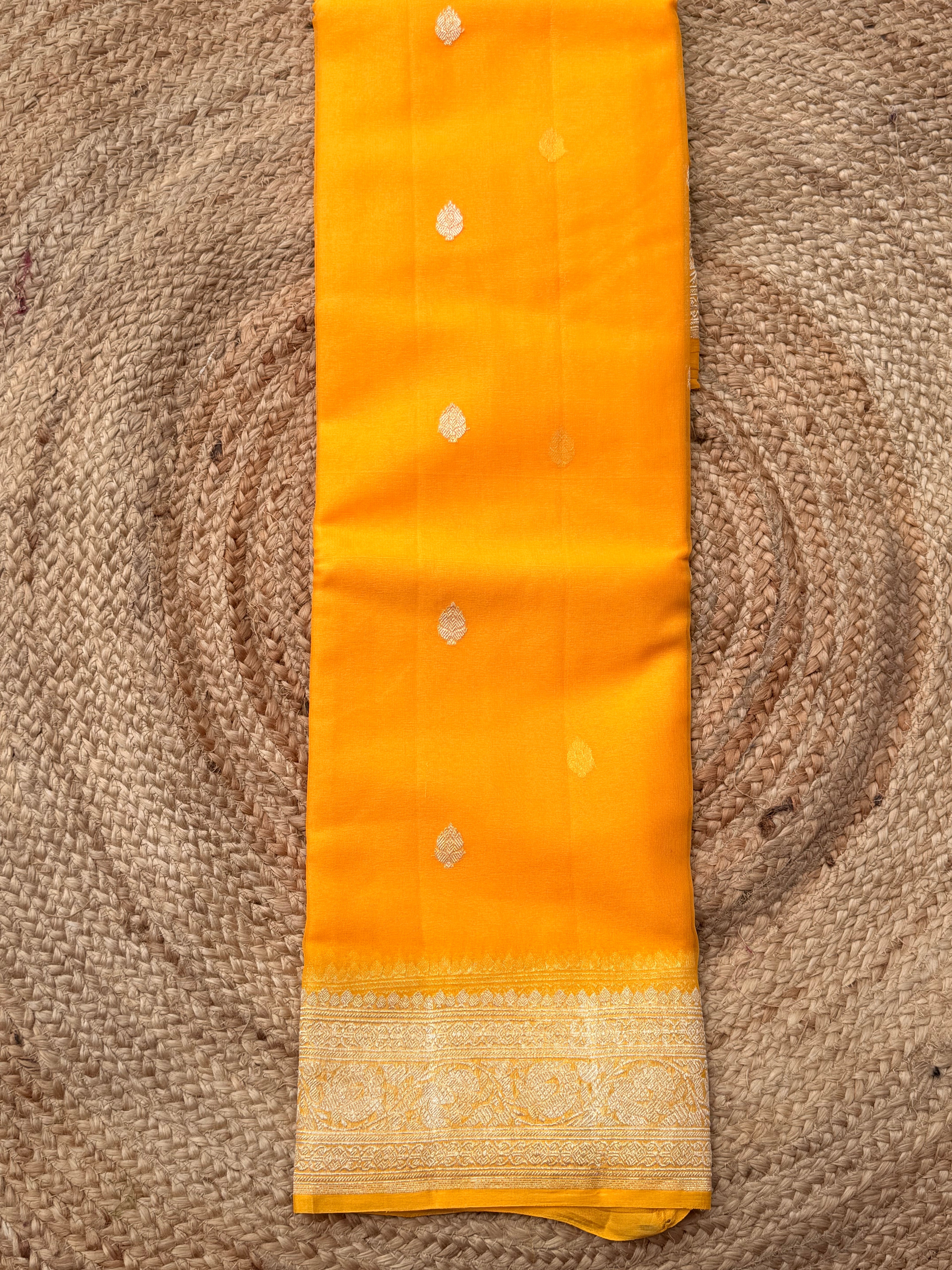 Mango yellow bananasi pure khadi chiffon saree sliver zari woven