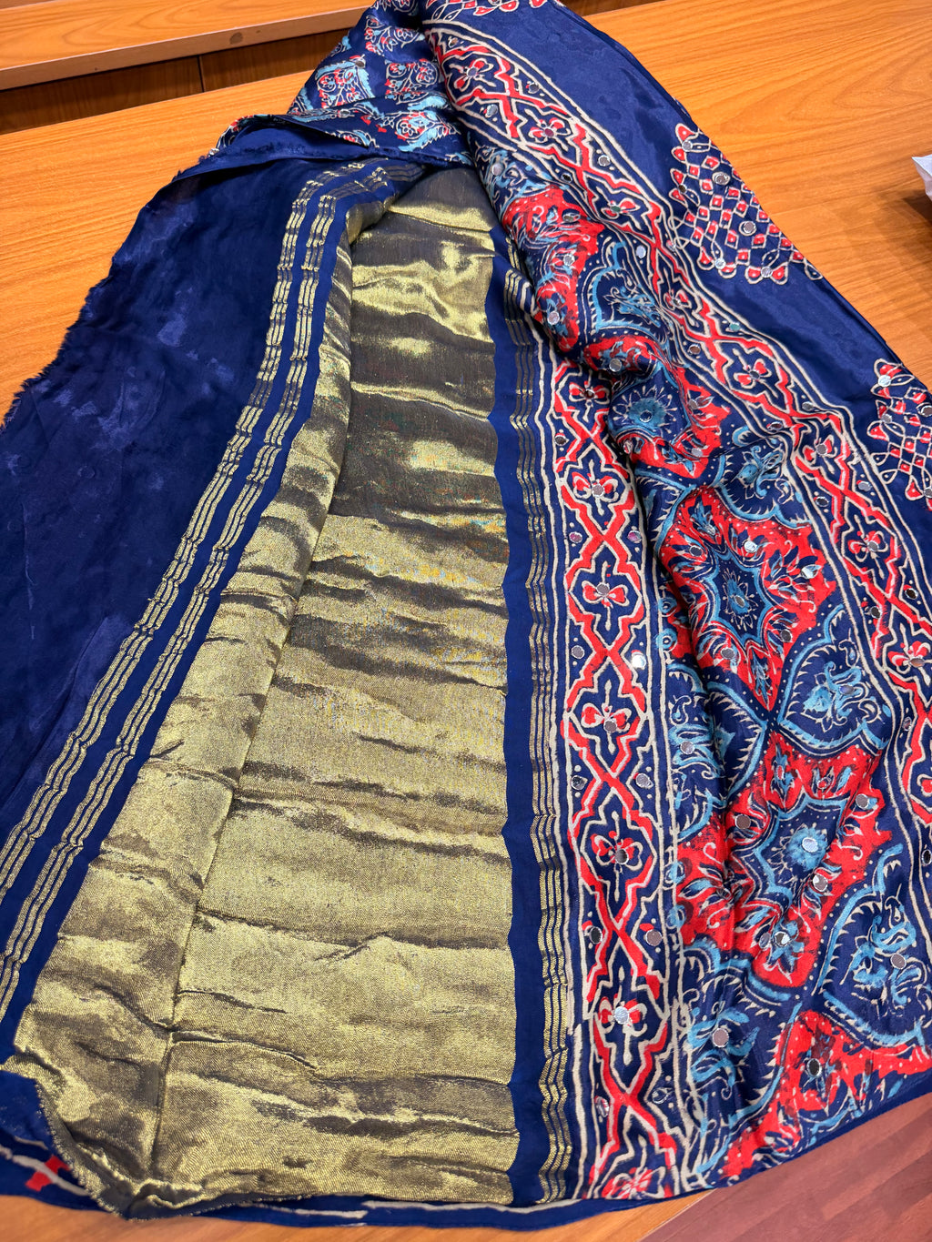 Blue ajrak modal mirror work with  tissue pallu