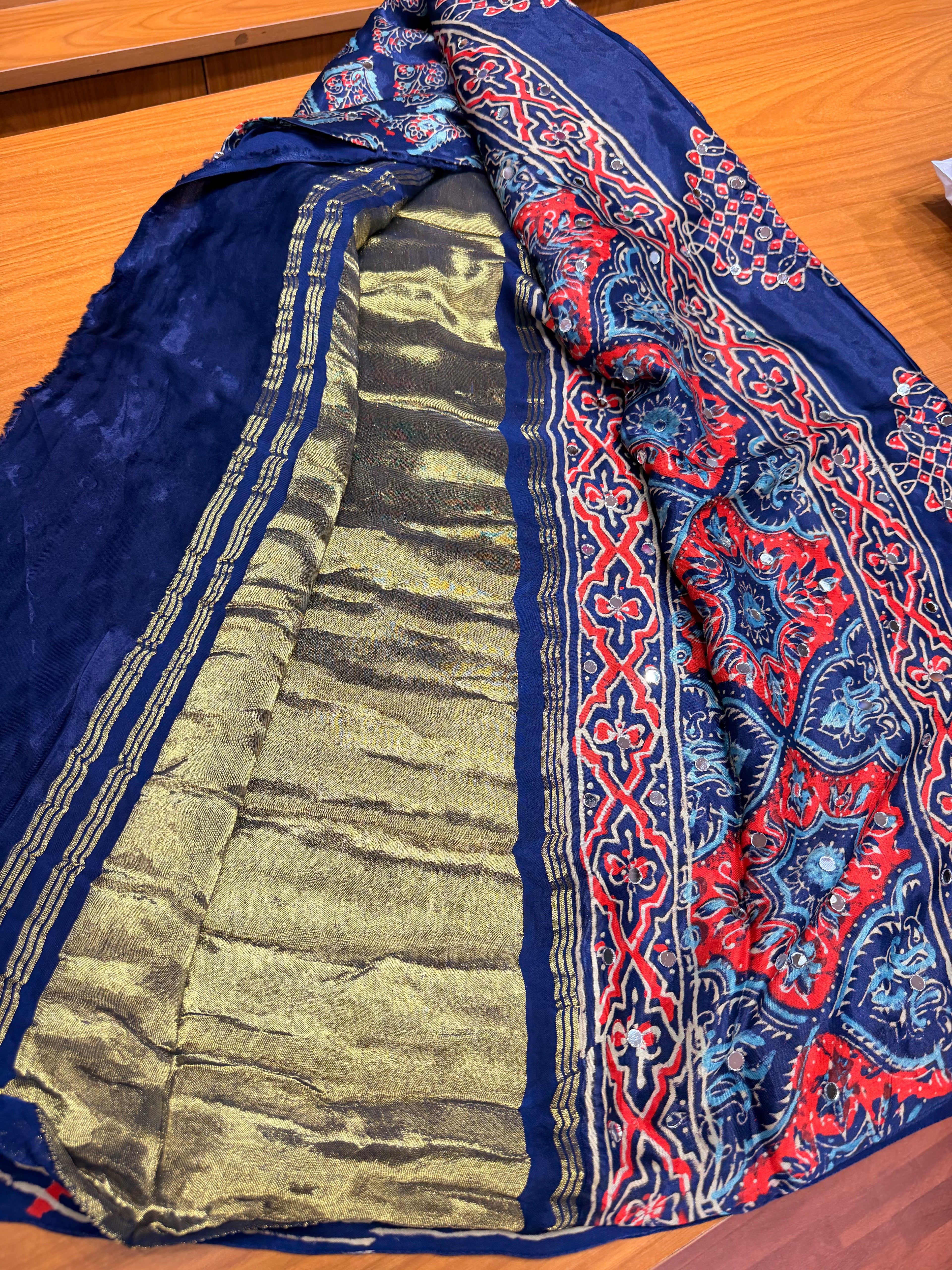 Blue ajrak modal mirror work with  tissue pallu