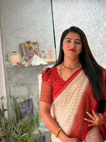 Half white and red crepe chiffon Banaras sarees