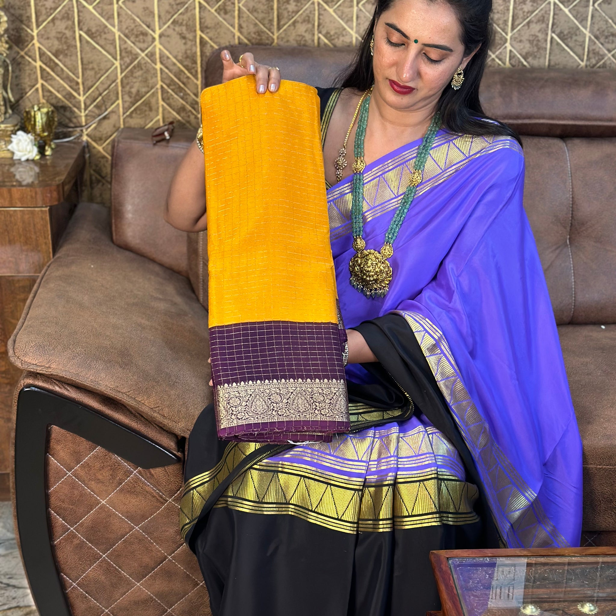 Mustard with wine semi checks crepe with designer blouse.