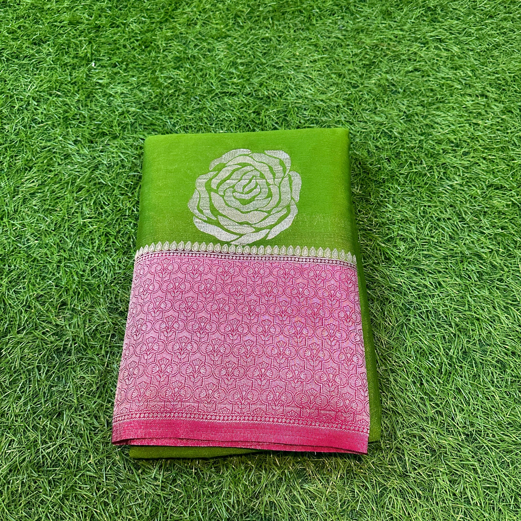 Green with pink soft crepe rose butta.