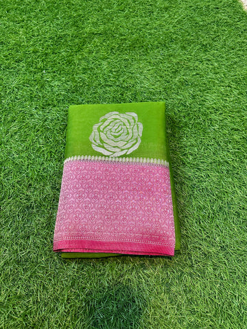 Green with pink soft crepe rose butta.