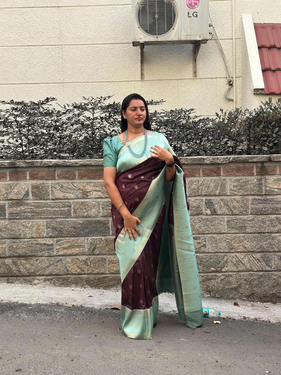 Brown with sea blue Semi Kanchi sarees