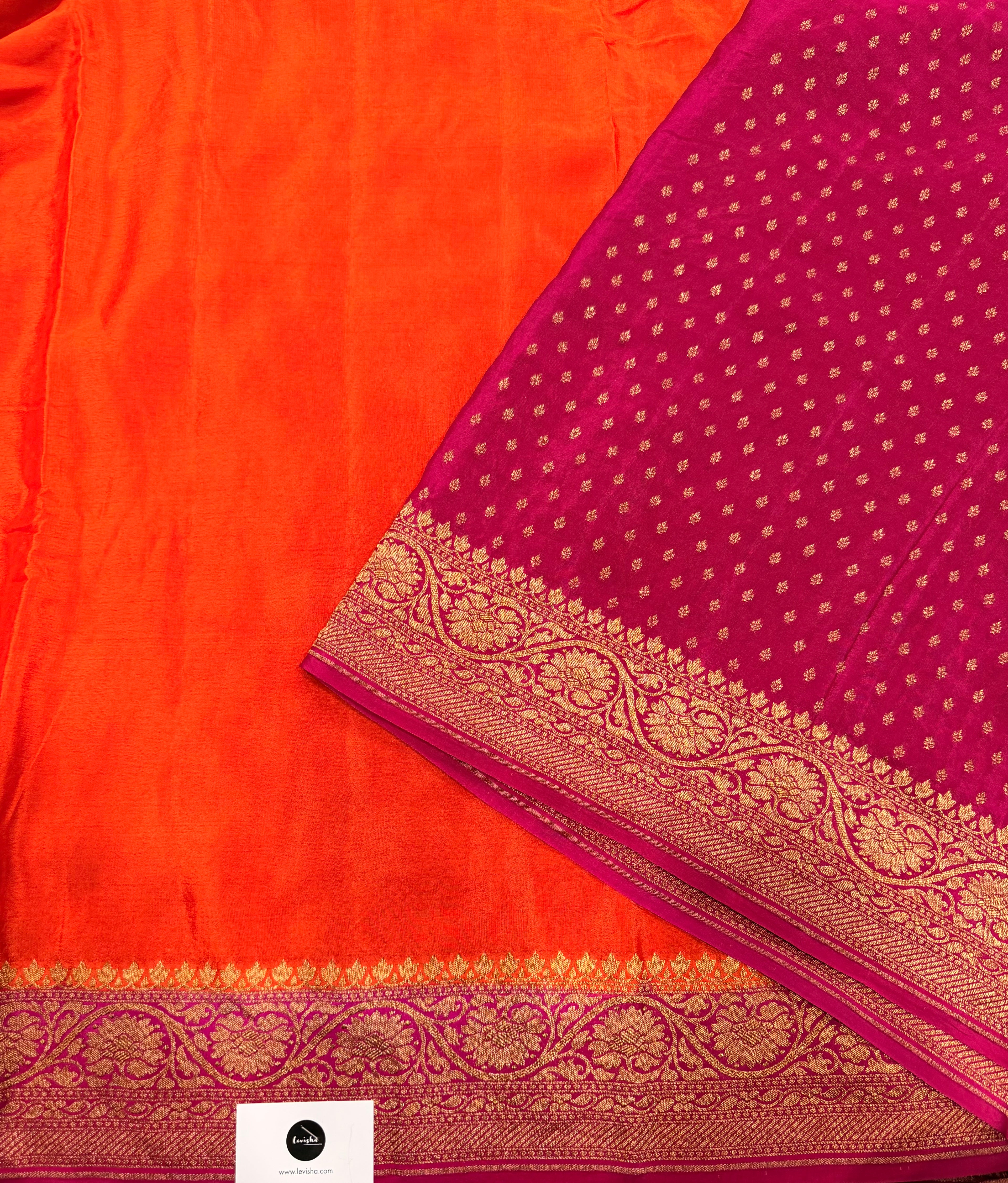 Orange n Rani pink partly pallu pure benarasi crepe silk saree