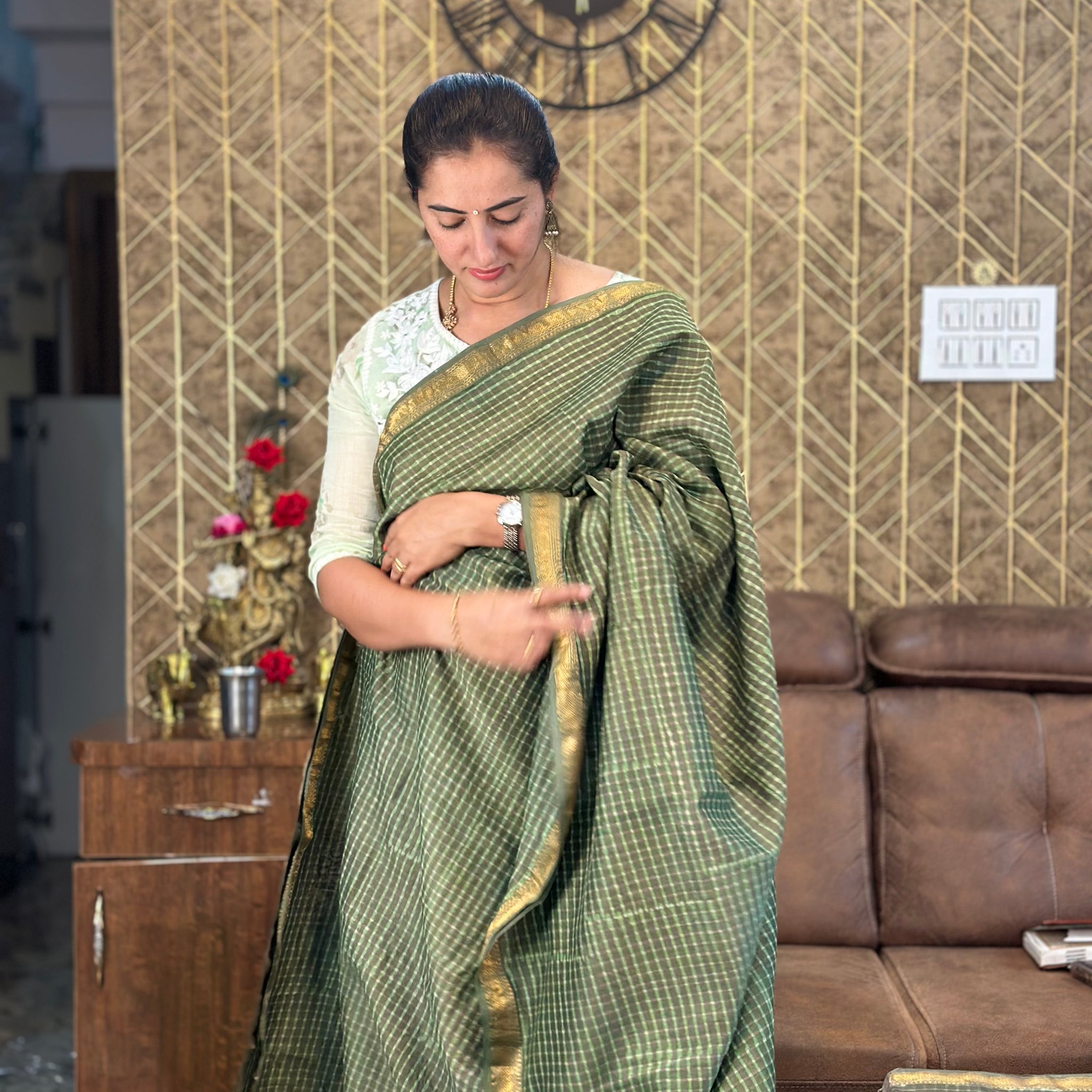 Green checks Maheshwari silk sarees.