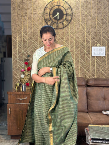 Green checks Maheshwari silk sarees.