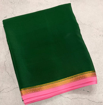 Bottle green one inch border pure Mysore silk crepe saree