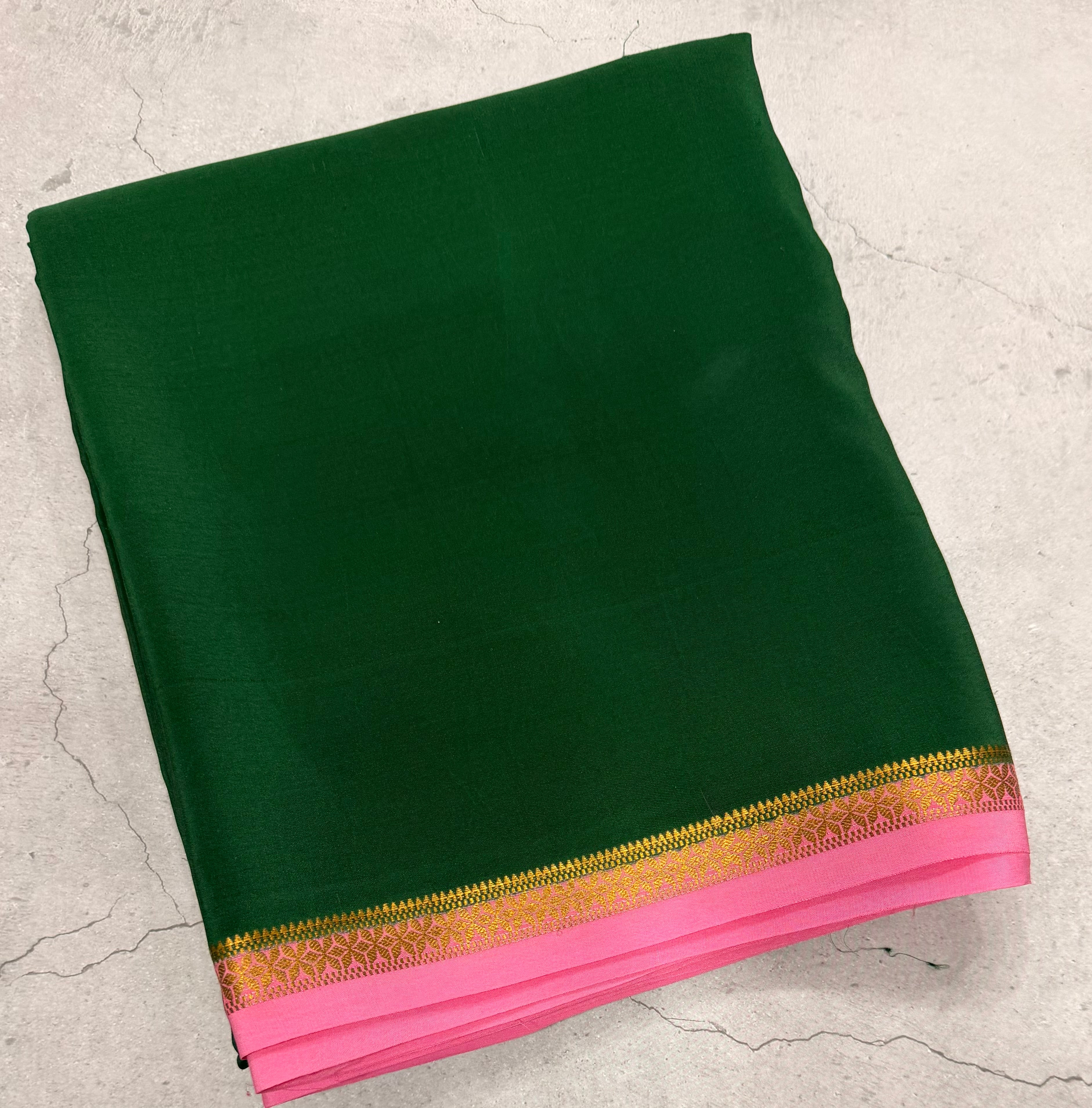 Bottle green one inch border pure Mysore silk crepe saree