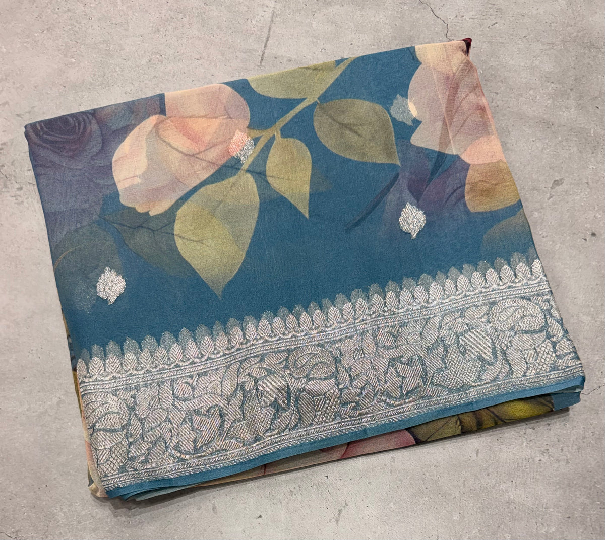 Peacock blue digital print Banarasi pure tissue chiffon saree sliver zari saree