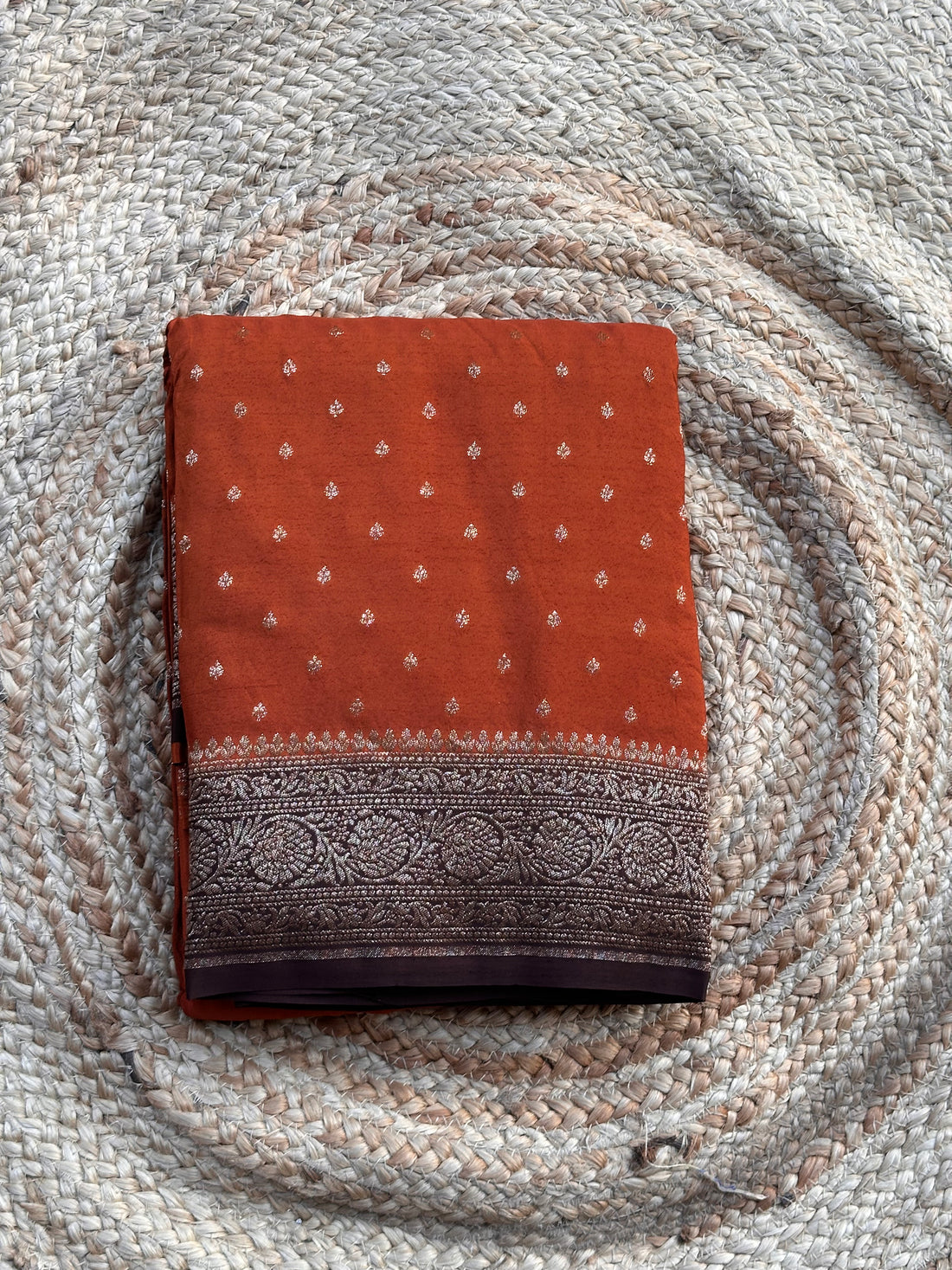 Rust orange and coffee brown Pure crepe chiffon Banarasi sarees