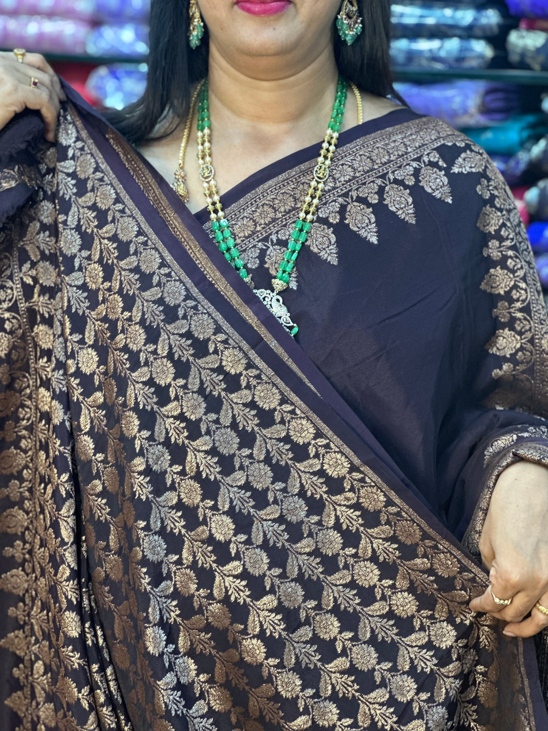 Coffee brown crepe chiffon, Saree with brocade blouse