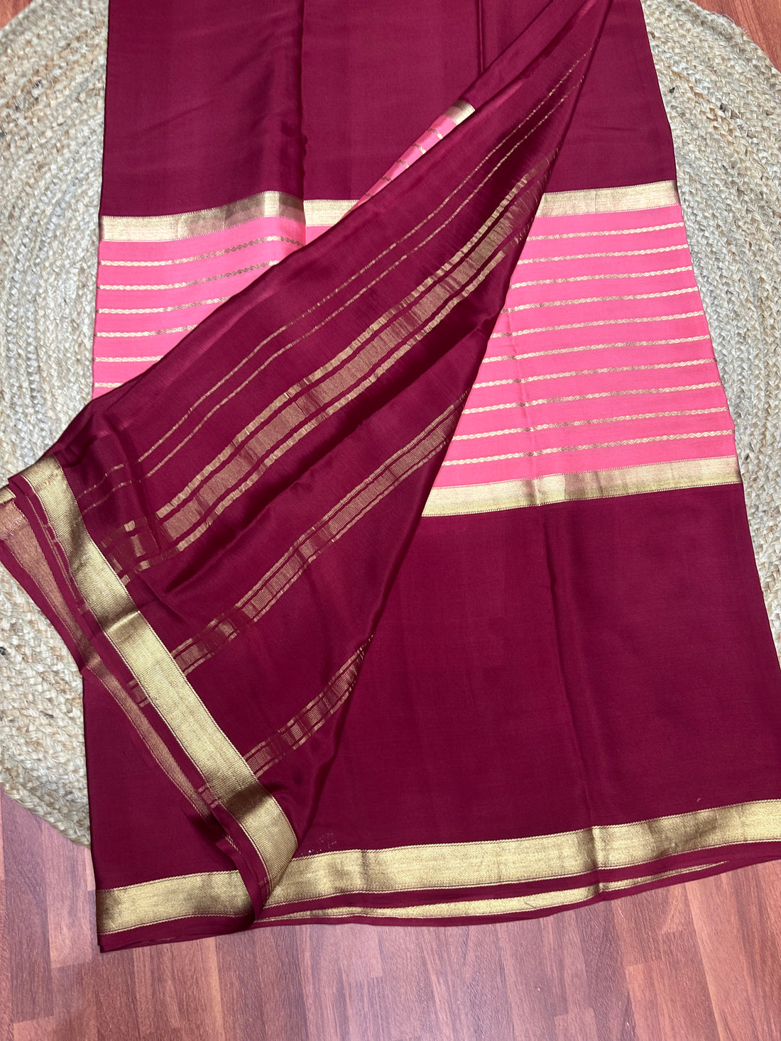 Maroon with pink pure crepe Mysore Silk sarees 110 gsm