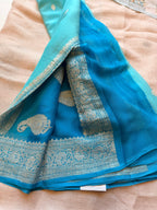 Sky blue Banarasi pure khadi chiffon saree sliver zari saree