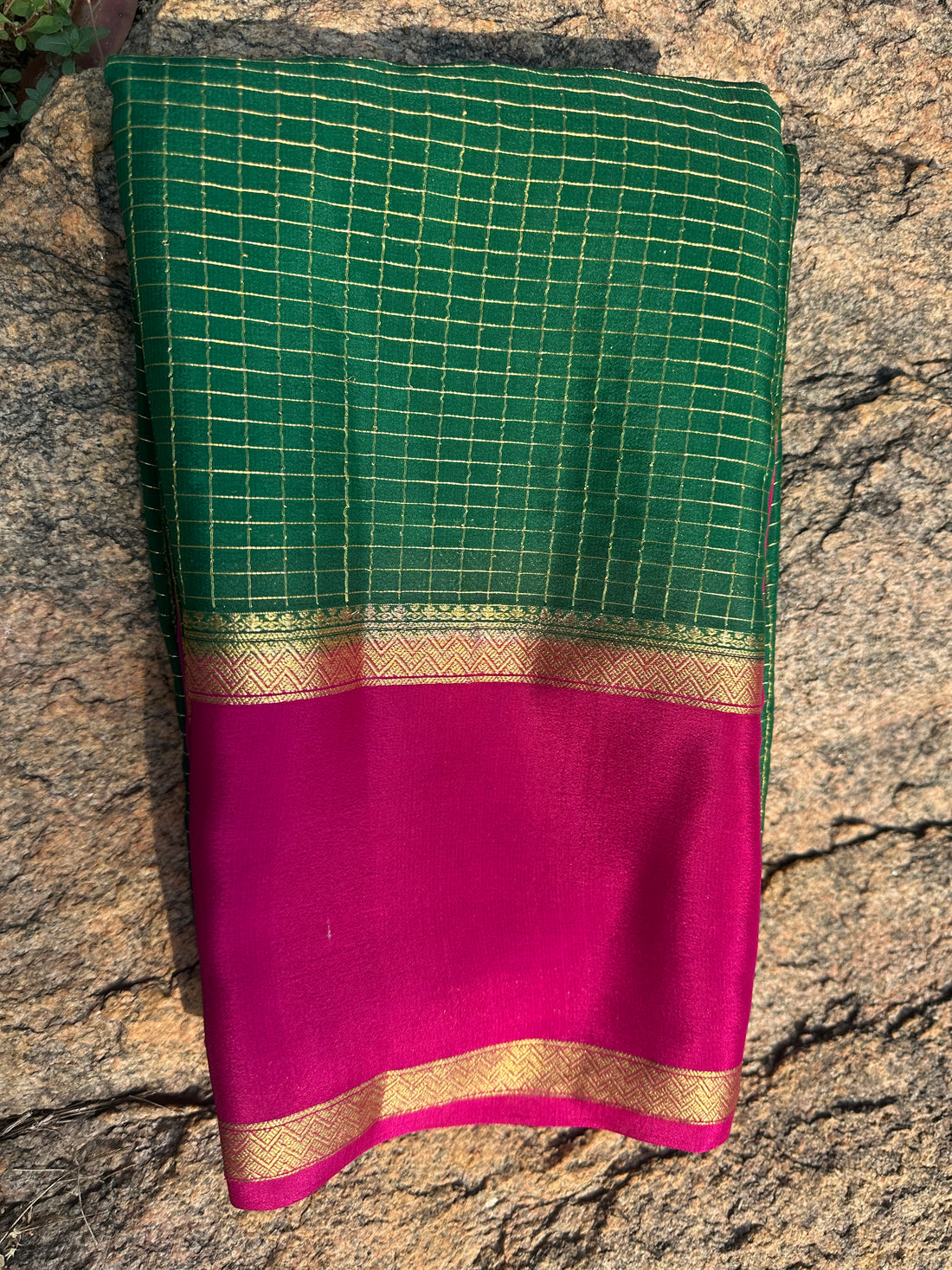 Pink with green Mysore Silk crepe checks with bentex border. 70 grams thickness.