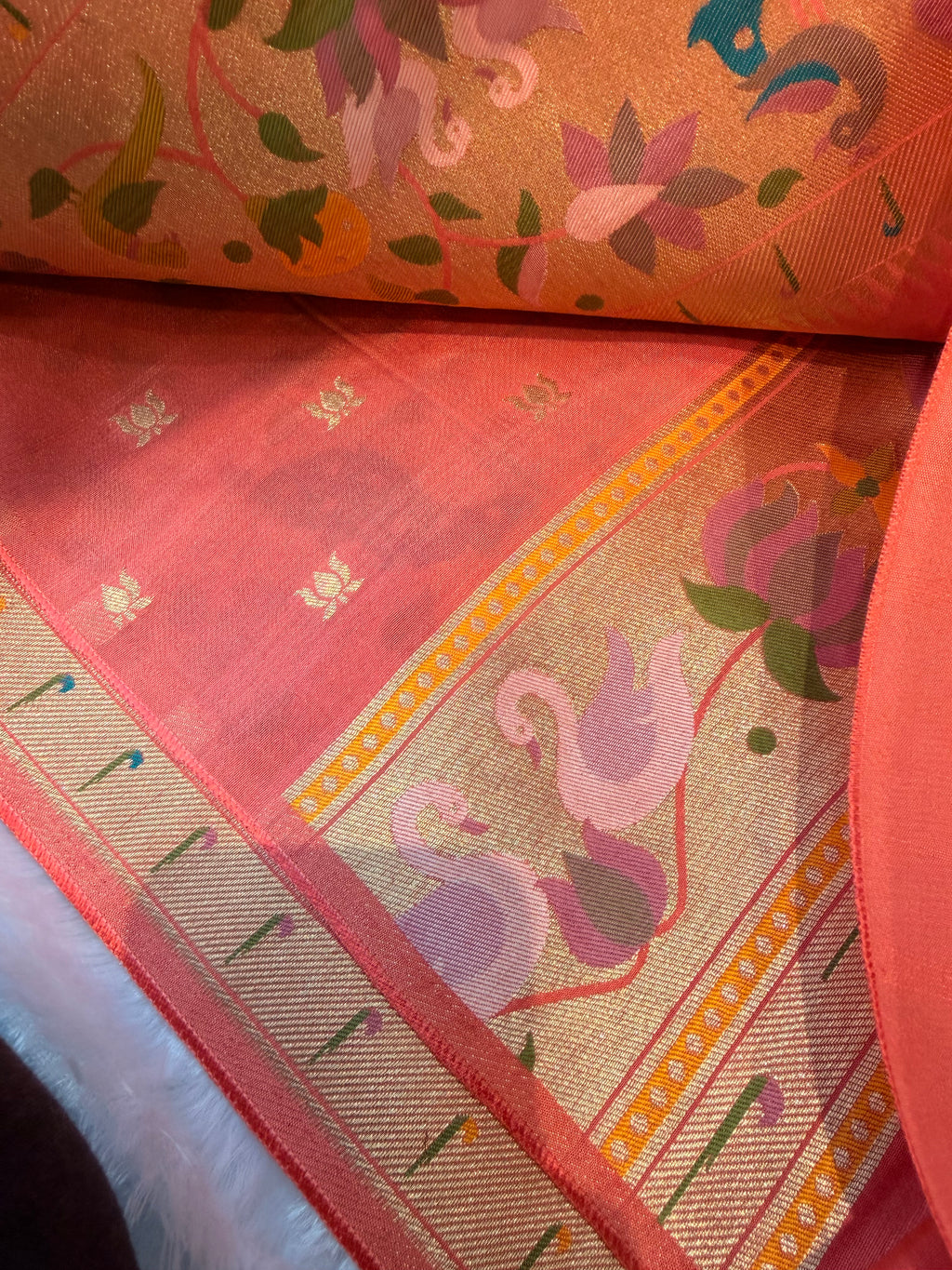 Pastel pink pure paithani swan & peacock border saree