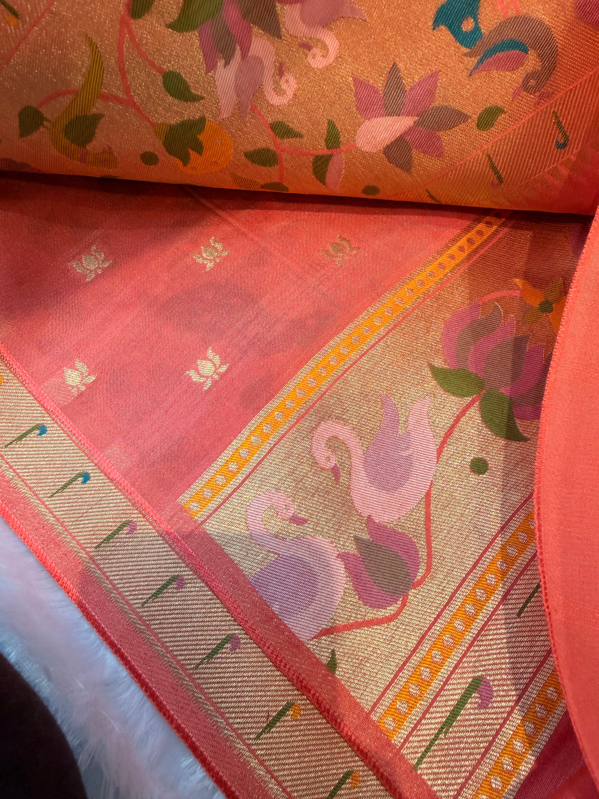 Pastel pink pure paithani swan & peacock border saree