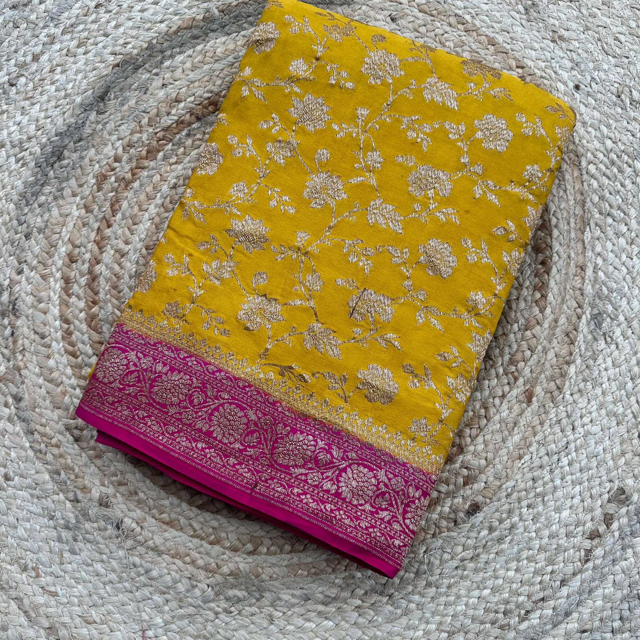 Yellow and pink pure crepe Banaras jaal pattern