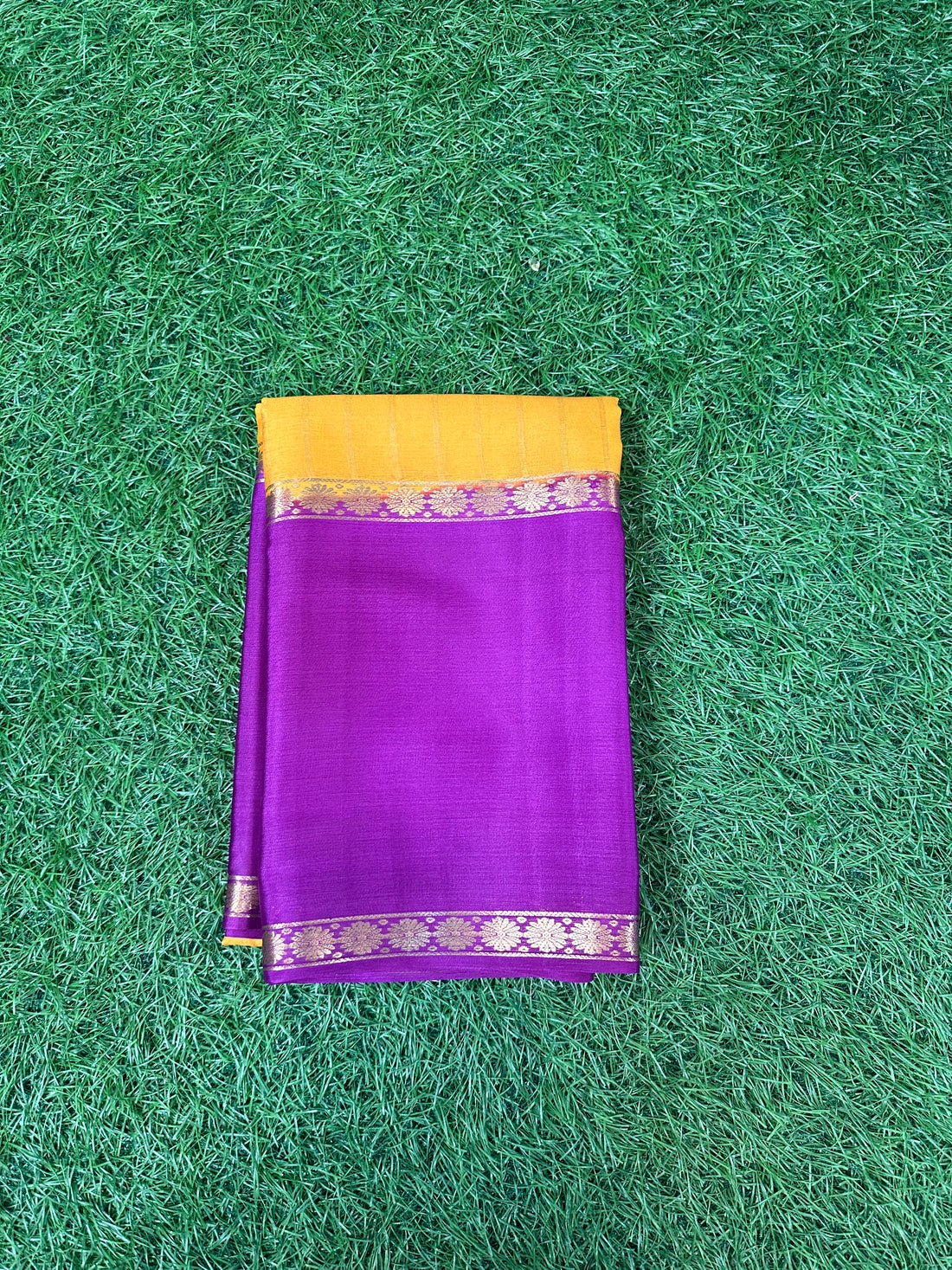 Mustard with mejentha pure wrinkle crepe saree , vertical stripes blouse.