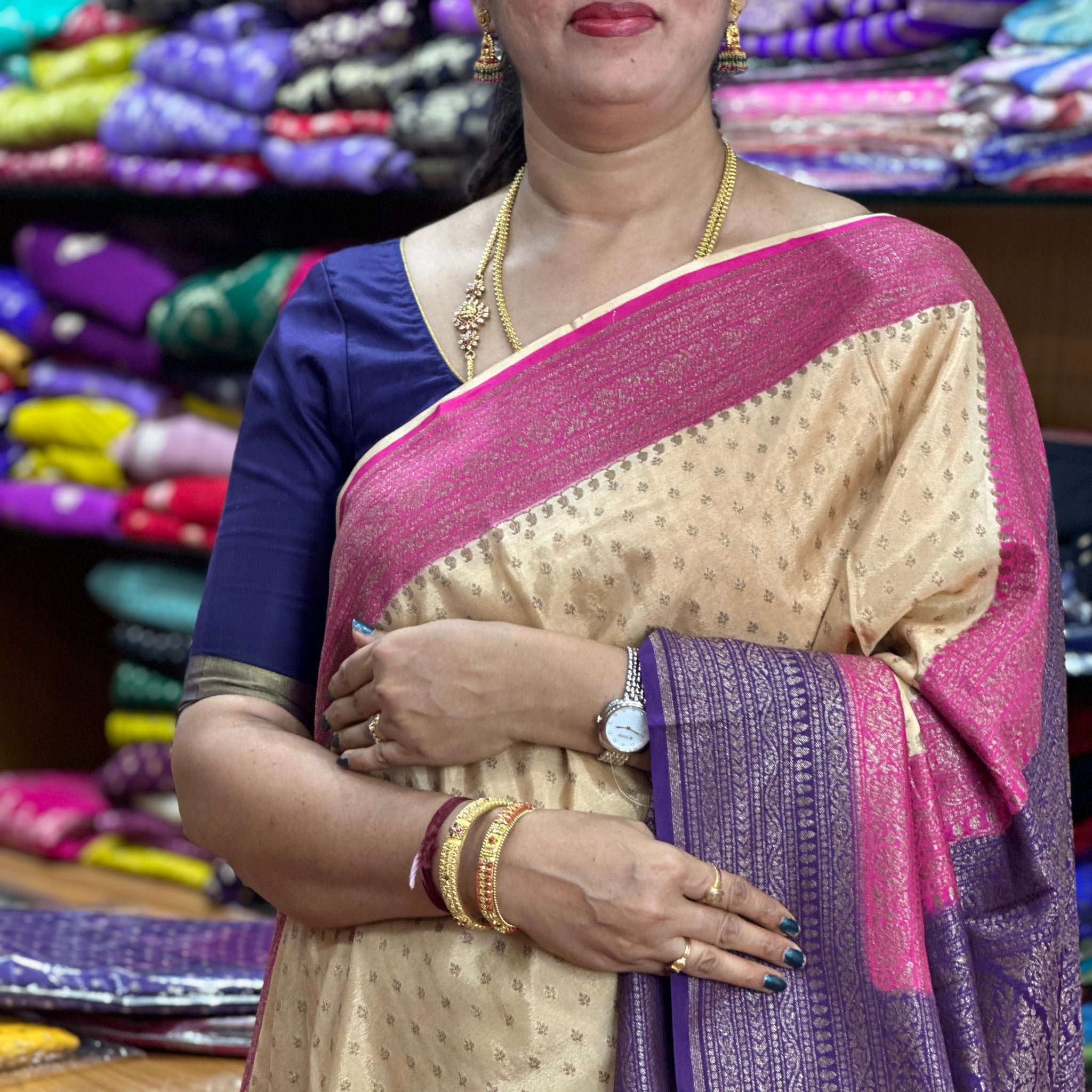 Beinge with purple and pink chiffon crepe sarees