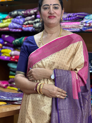 Beinge with purple and pink chiffon crepe sarees