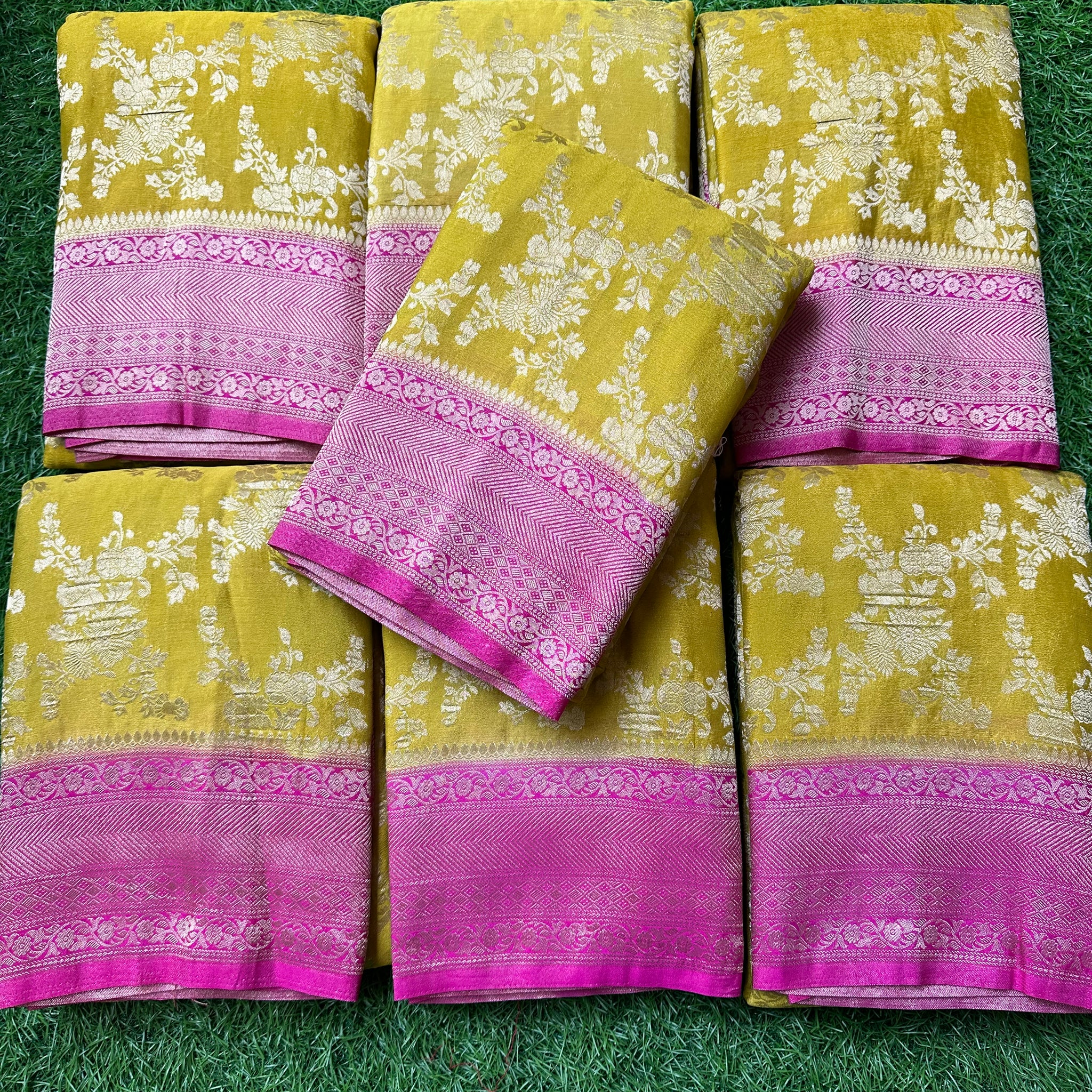 Lemon yellow and pink crushed georgette.