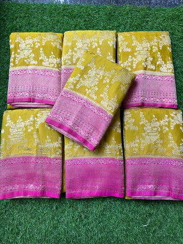 Lemon yellow and pink crushed georgette.