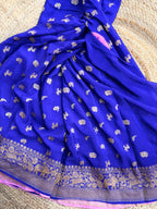 Royal blue and lotus pink pure crepe Banaras