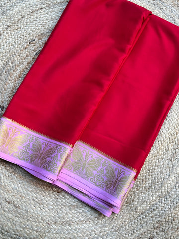 Red and pink mango border pure crepe Mysore Silk sarees 120 gsm