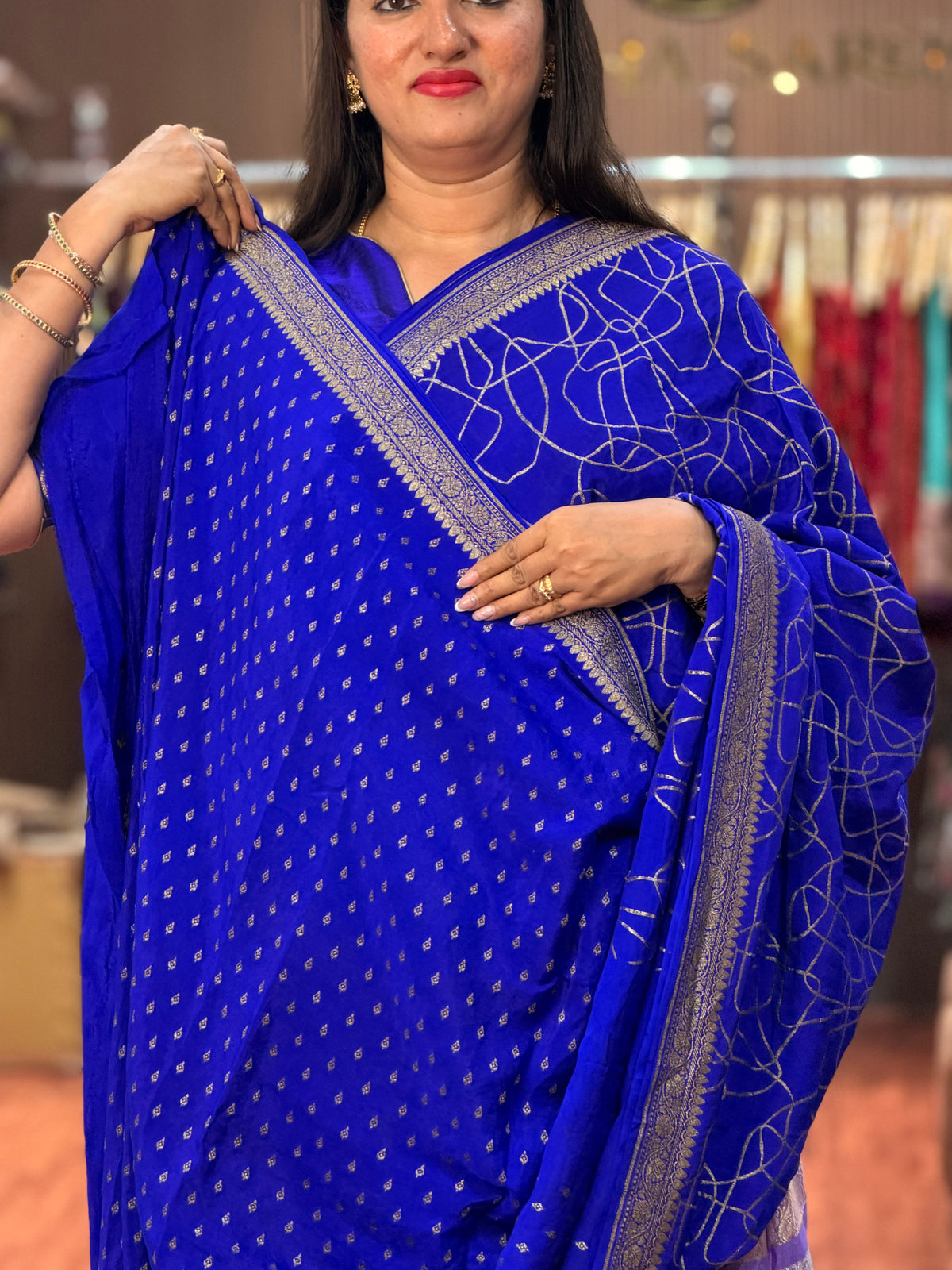 Royal blue with abstract pattern Banaras crepe saree