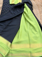 Black and light green 1000 butta pure crepe Mysore silk 120 gsm