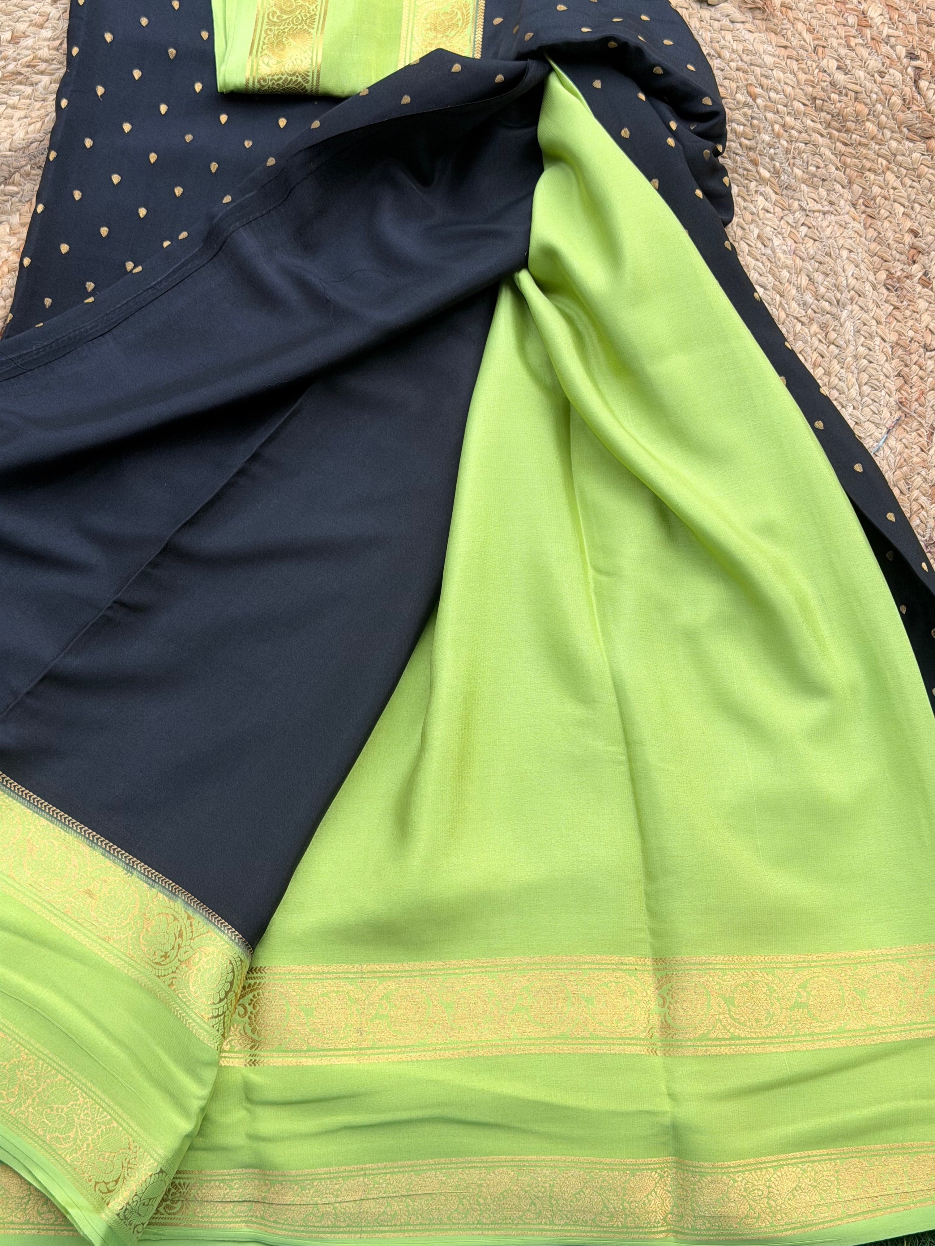 Black and light green 1000 butta pure crepe Mysore silk 120 gsm