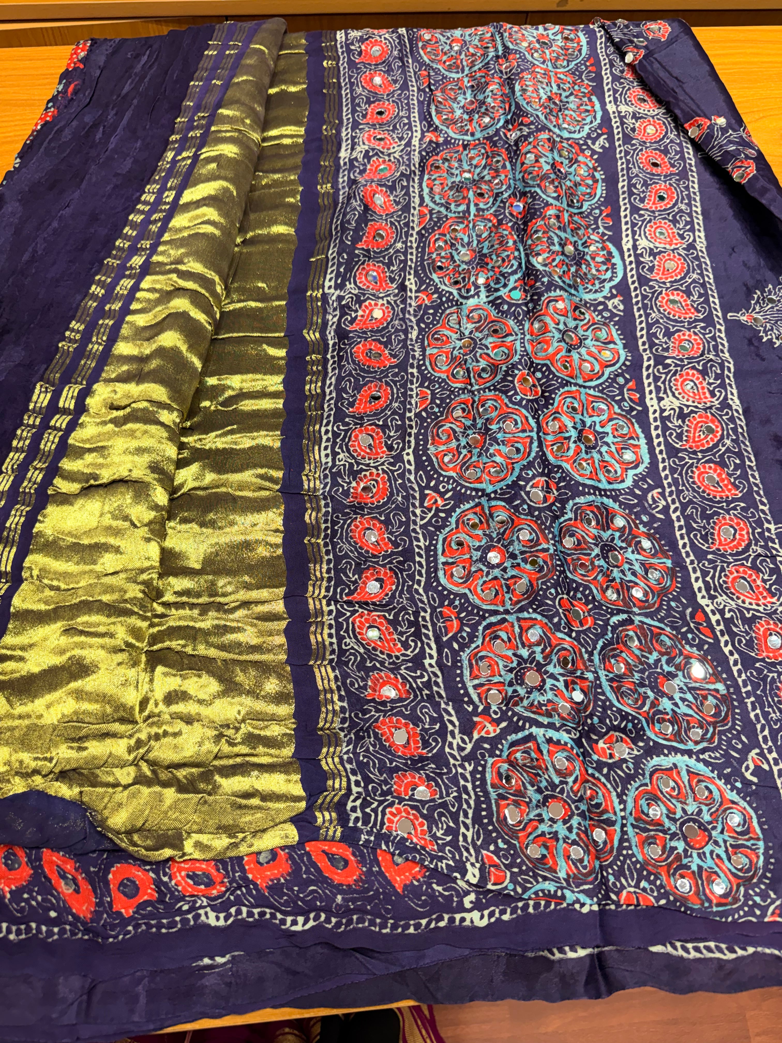 Blue ajrak modal mirror work with tissue pallu