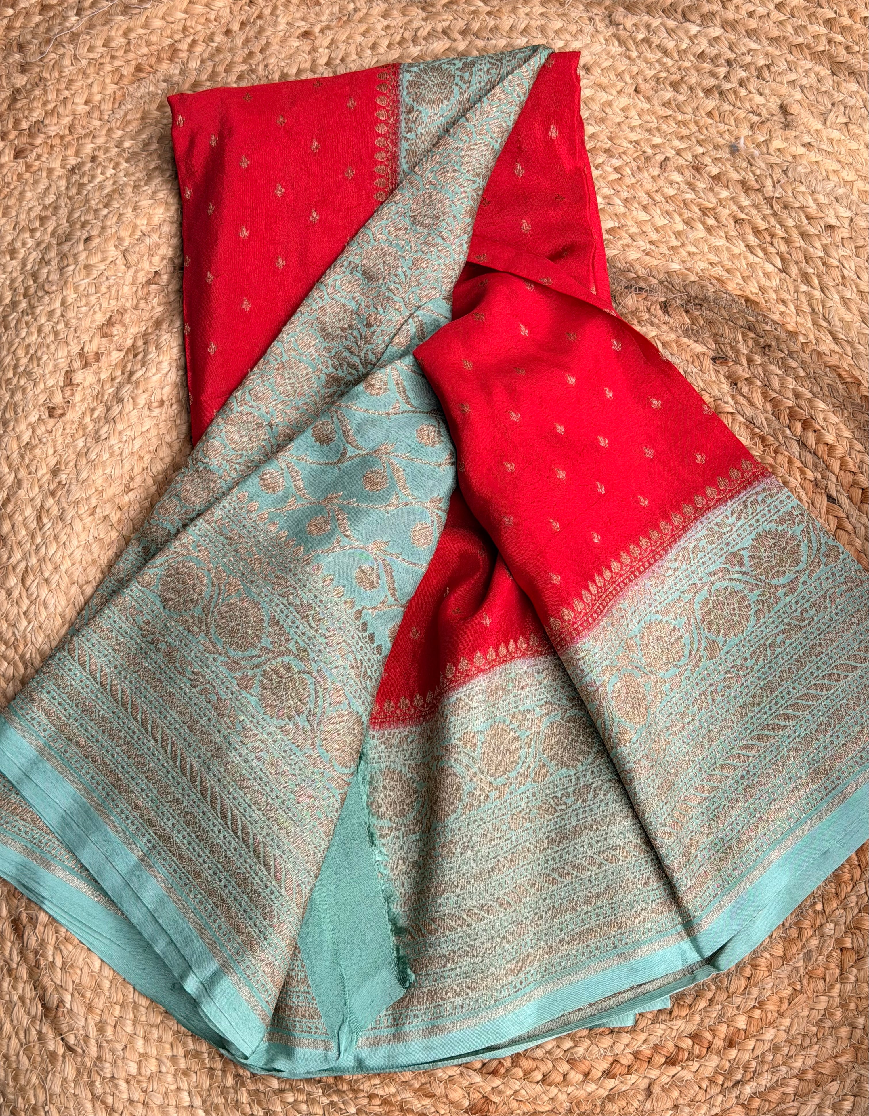 Red n sea green small butta benarasi crepe saree
